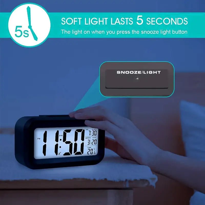 Digital lcd alarm clock with backlight optically controlled battery - powered clock with time, date, and temperature - Durable Plastic - Zento