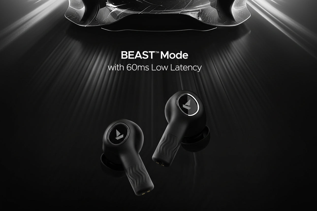 Black wireless earbuds with 'BEAST Mode' text on a dark background