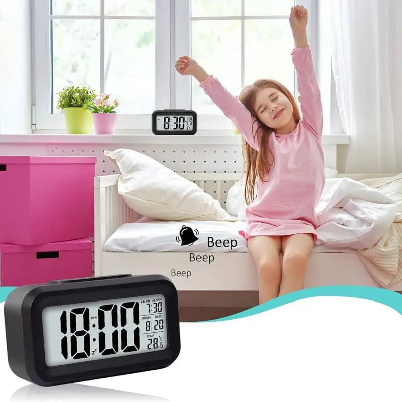 Digital lcd alarm clock with backlight optically controlled battery - powered clock with time, date, and temperature - Durable Plastic - Zento