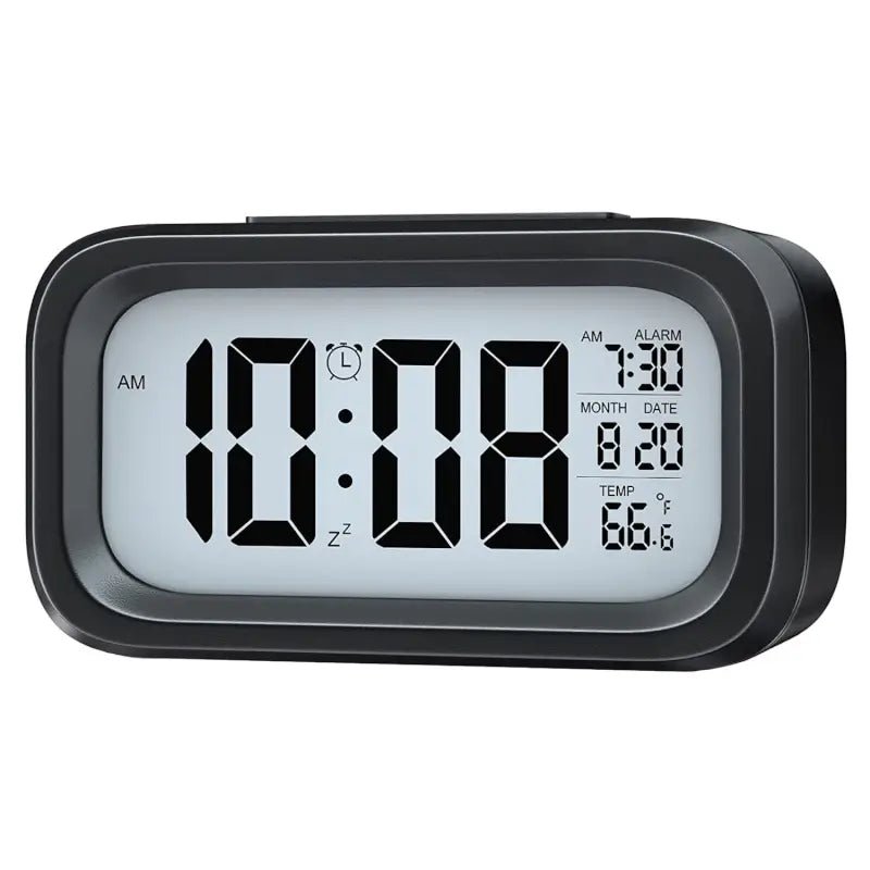Digital lcd alarm clock with backlight optically controlled battery - powered clock with time, date, and temperature - Durable Plastic - Zento