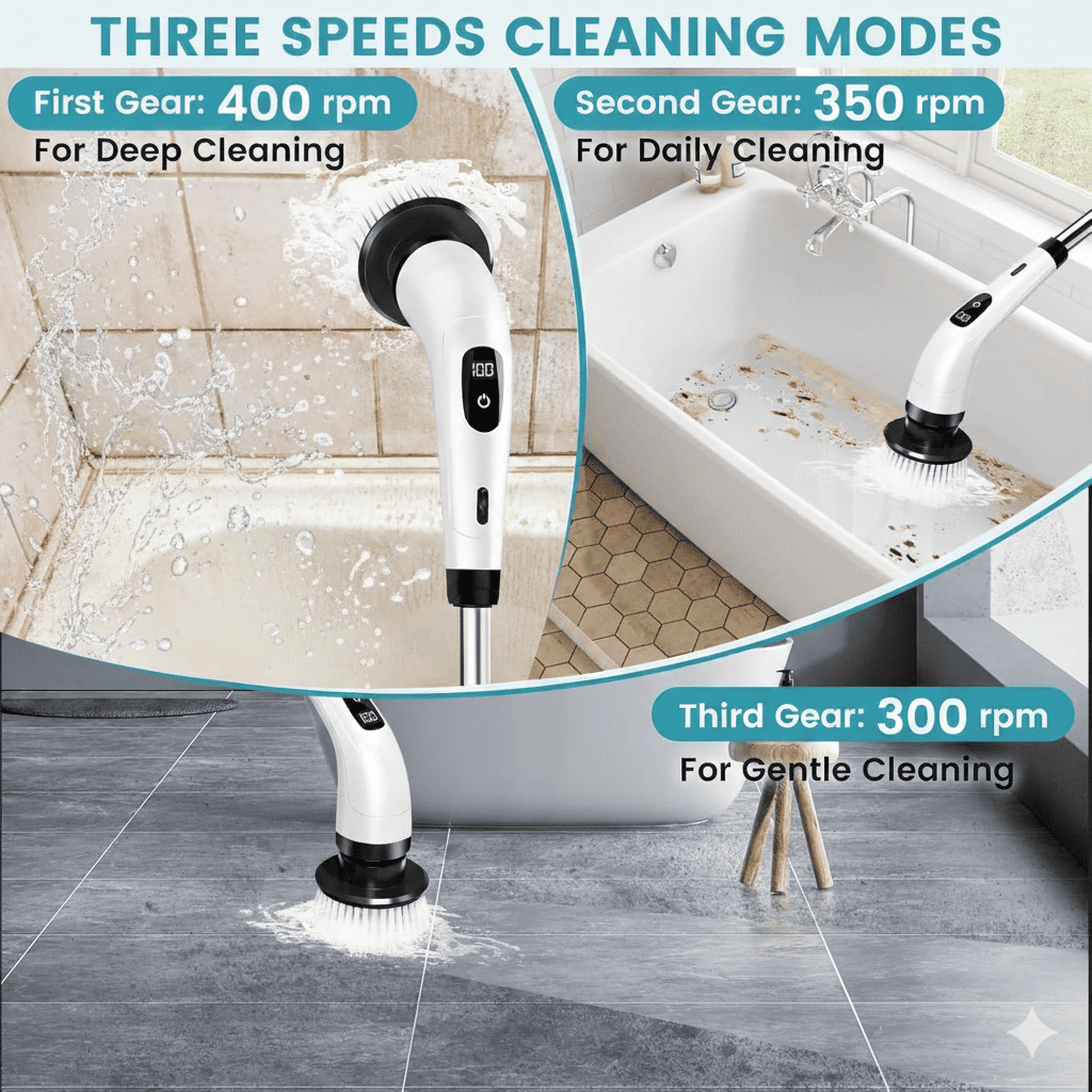 Electric Spin Scrubber Cleaning Brush – 2 Speed Motor, 9 Replaceable Heads, Adjustable Handle, 90 - Min Battery - Zento