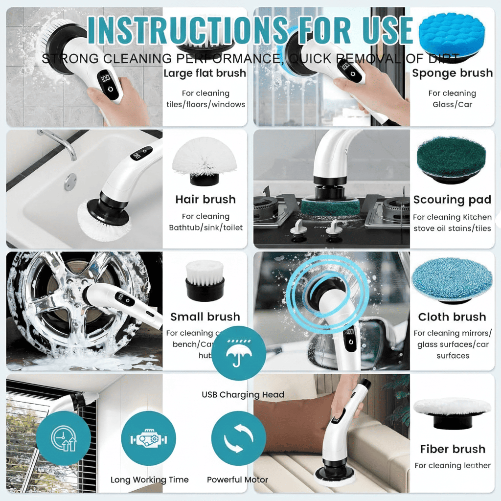 Electric Spin Scrubber Cleaning Brush – 2 Speed Motor, 9 Replaceable Heads, Adjustable Handle, 90 - Min Battery - Zento