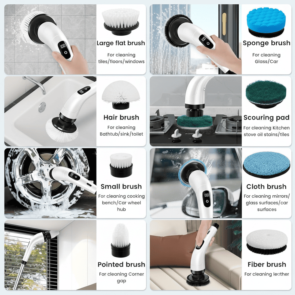 Electric Spin Scrubber Cleaning Brush – 2 Speed Motor, 9 Replaceable Heads, Adjustable Handle, 90 - Min Battery - Zento