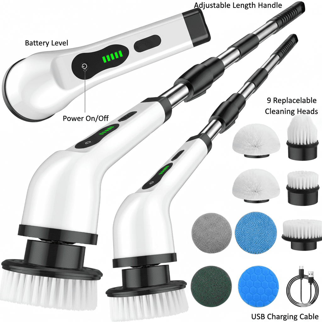 Electric Spin Scrubber Cleaning Brush – 2 Speed Motor, 9 Replaceable Heads, Adjustable Handle, 90 - Min Battery - Zento