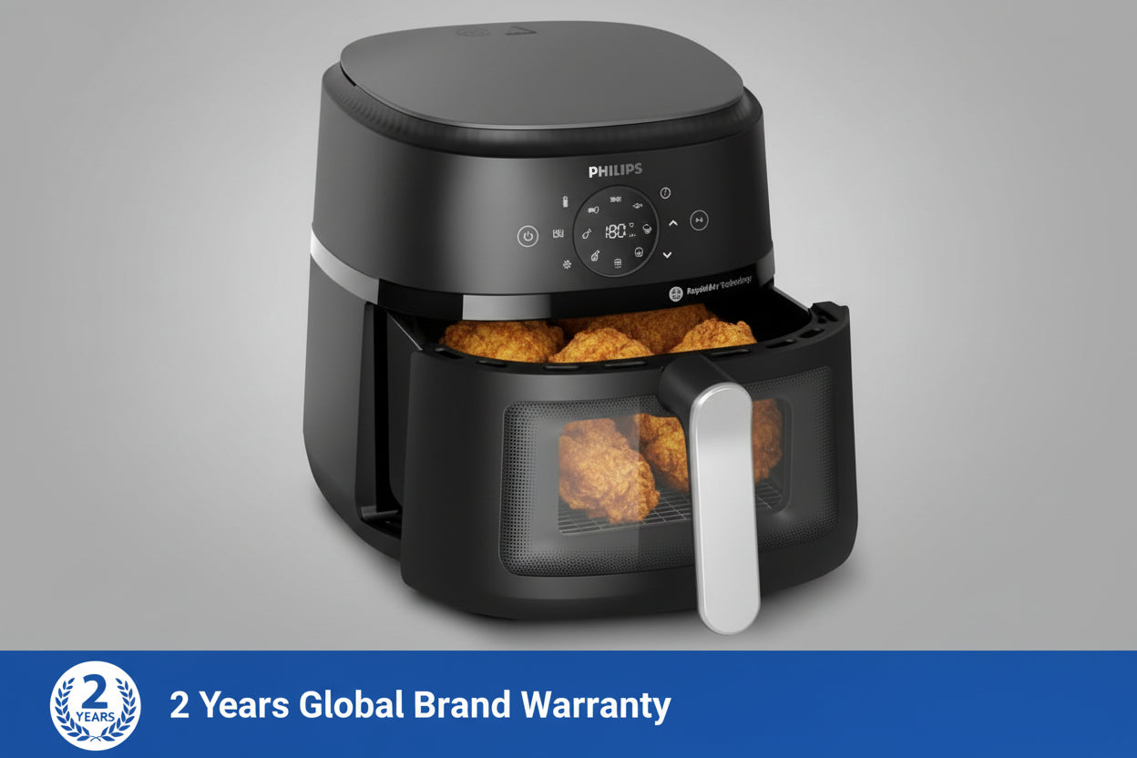 Philips air fryer with food inside on a gray background, featuring a 2-year global brand warranty.
