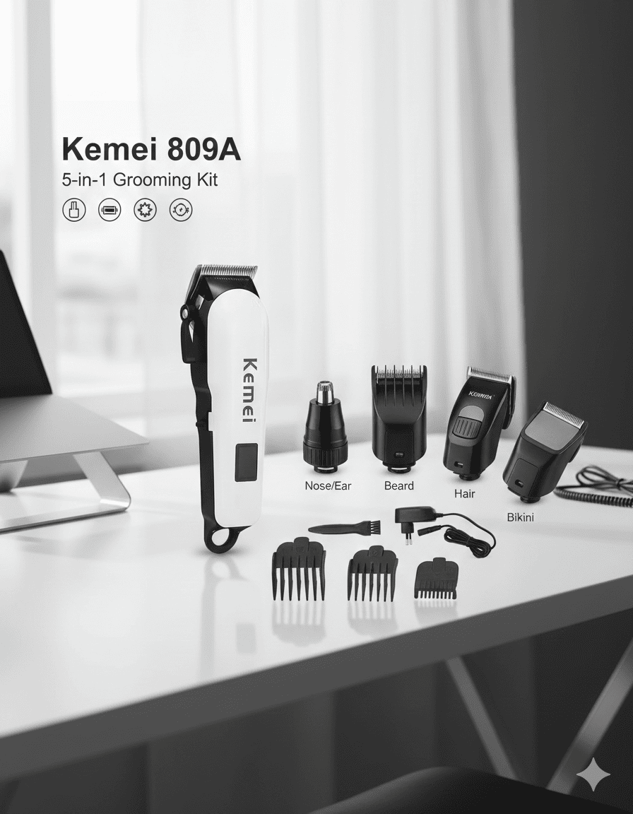 Kemei 809A Professional Rechargeable Electric Hair Clipper & Trimmer | LCD Display | Wet & Dry | Beard, Hair, Body Grooming for Men & Women | Wireless Barber Trimmer - Zento