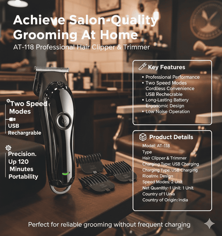 AT - 118 Professional Cordless Hair Clipper & Trimmer - Zento